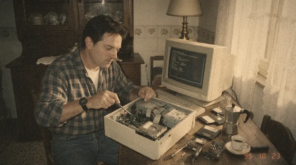 Danilo Tommasini nel 1995 mentre ripara un computer